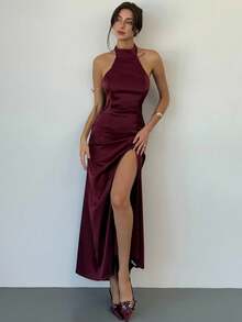 Aloruh 女士时尚优雅露肩开衩露背连衣裙 - 中紫紅色 - 查看 7