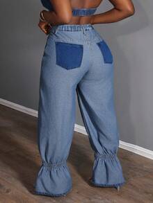 Slaydiva 大码女式高腰拉链口袋荷叶边下摆宽松时尚牛仔裤 - 深色水洗藍 - 查看 3