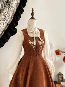 Vintamour Vintage Elegant Women's Corduroy Dress With Pockets Floral Embroidery Button Brown Floral,Autumn,Cottage Core,Tea Party Christmas Holiday Outfits - Brown - View 4