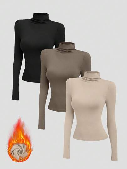 Sweetra Conjunto de camiseta de cuello alto de terciopelo de ajuste ceñido y cómodo para mujer, otoño/invierno