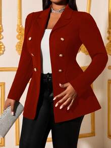 SHEIN Lady 2025新款秋冬优雅职业装红色尖领羊腿袖金色纽扣长袖大码西装外套冬季圣诞节新年时尚 - 酒紅色 - 查看 5