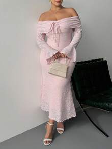 SHEIN PETITE CURVE 大码女式露肩修身长袖喇叭袖优雅连衣裙 - 粉色 - 查看 8