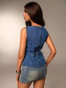 Avantive Ladies High Street Spice Jacquard Sleeveless Denim Top Blue Women Tops Club Women Denim Cowgirl Top Western Wear Women Women Denim Tops Blue Top Women Denim Paisley Top Women Sleeveless Tops - Baby Blue - View 2