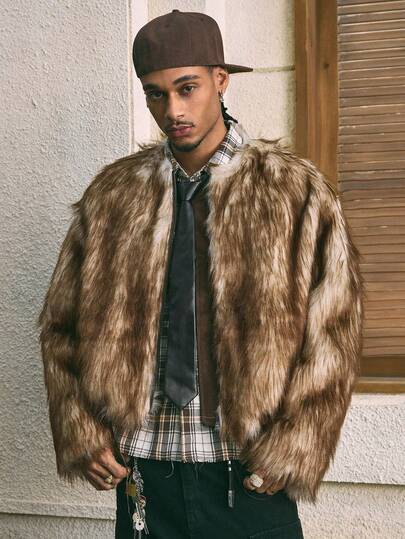 AXEPEAK Men's Casual Zip-Up Round Neck Faux Fur Jacket, Autumn/Winter