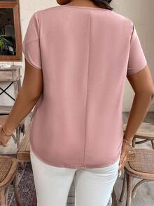 Breezaya Kích thước lớn Màu thuần Vòng cổ Xoắn Nút Giải trí Ngắn tay Áo sơ mi - Hồng - Xem 2