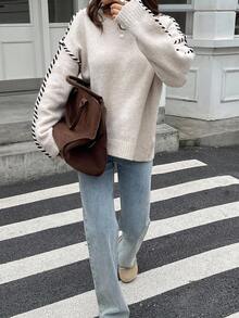 DAZY Women's Loose Fit Contrast Color Round Neck Drop Shoulder Oversized Knit Pullover Sweater, Autumn School - Khaki - View 4