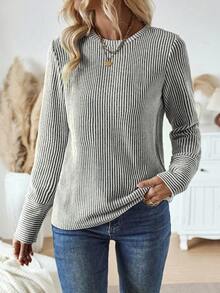 EMERY ROSE Áo thun nữ dáng rộng, cổ tròn, tay dài, kẻ sọc, thích hợp mặc mùa thu xuân. - Màu be - Xem 3