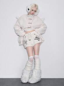 ROMWE Goth Y2K 哥特式十字绣毛绒女式短裤，万圣节 - 米色 - 查看 5