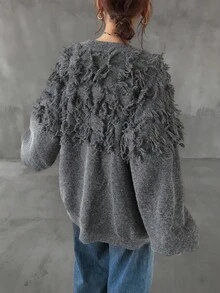 FRIFUL Women's V-Neck Jacquard Tassel Loose Casual Cardigan - Camel - View 4