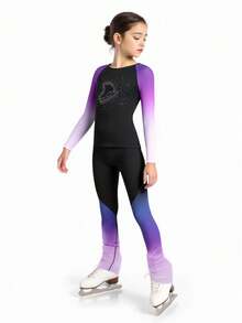 SHEIN Tween Girls Figure Skating Outfit, Snug Fit Purple Ombre Sparkly Rhinestone Ice Skating Costume Set, Professional Ice Skating Sportswear Fall Winter - Multicolor - View 5