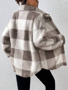 INAWLY Plus Size Women Casual Commuter Collegiate Plaid Pattern Drop Shoulder Loose Patchwork Pocket Teddy Fleece Jacket, Autumn/Winter