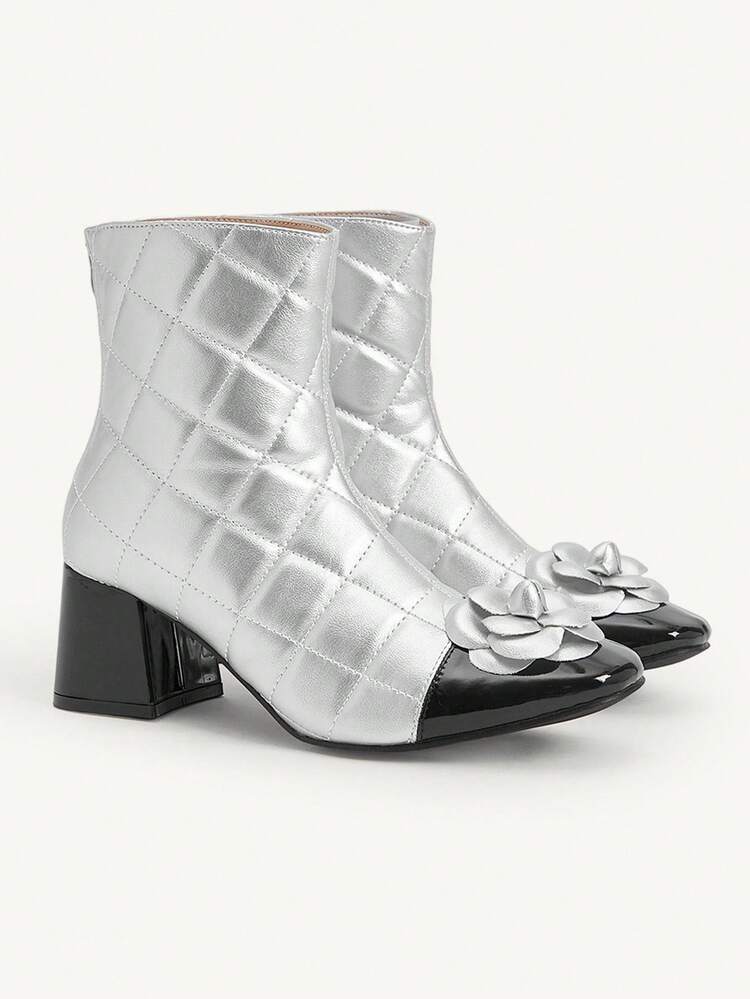 CUCCOO CHICEST Women's Autumn/Winter New Arrivals 3D Floral, Camellia Flower, Color Block Round Toe Square Chunky Heel Mid-Heel Elegant, Sweet, Romantic, Fashion, Classic, Comfortable Retro Black, Silver, Color Block Patent Leather, Metallic Faux Leather Dress Shoes, Fashion Ankle Boots, Mid-Calf Boots, Afternoon Tea, Date, Fashion Party, Workwear, Elegant, Lolita, Halloween, Christmas, Thanksgiving
