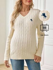 SHEIN Maternity Knight Pattern V-Neck Long Sleeve Casual Sweater, Autumn - White - View 3