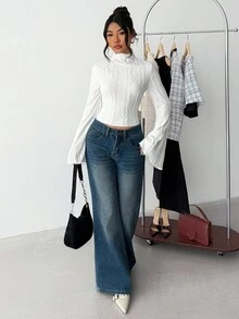 SHEIN 少女优雅针织纹理休闲简约舒适 T 恤上衣，百搭 - 白色 - 查看 3