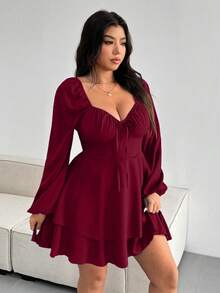 Vionelle 大码优雅纯色系带双下摆连衣裙 - 酒紅色 - 查看 4