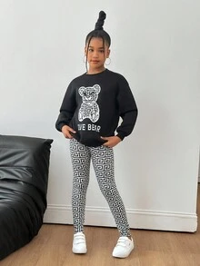 SHEIN 2pcs/Set Tween Girls Bear Print Crew Neck Sweatshirt And Geometric Pattern Pants Outfit Fall Winter