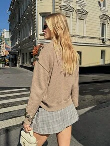 Muvela Pulover de damă din lână cu mânecă lungă, cusut manual, de înaltă calitate, stil aristocratic vintage, potrivit pentru petreceri, întâlniri cu prietenii, ieșiri zilnice, articol esențial călduros pentru toamnă, perfect pentru Halloween, Crăciun, petreceri de ziua de naștere - Cămilă - Vizualizare 3