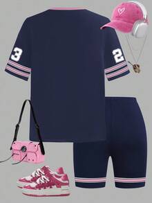 SHEIN Tween Girls White Print Colorblock Round Neck Short Sleeve Loose T-Shirt And Fitted Shorts Sports Set, Pink, Summer Streetwear - White - View 2