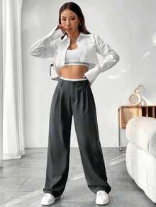 Flirla Women's Fashion Commuter Contrast Waistband Straight Leg Pants