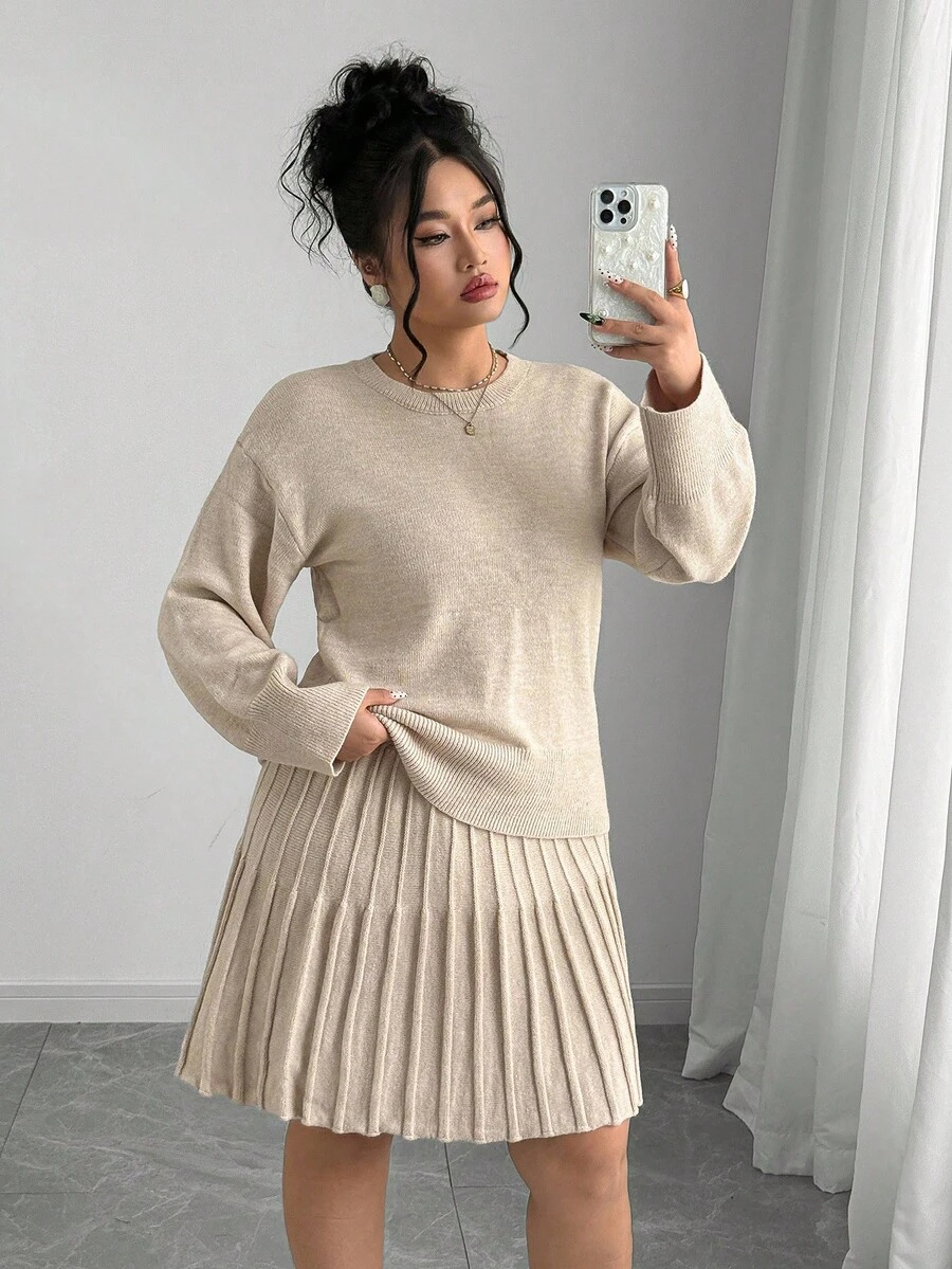 Elenzga Solid Color Crew Neck Knit Top + Pleated Skirt Minimalist Plus Size Sweater Dress Set - Khaki - View 1