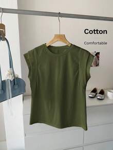 SHEIN LUNE 女士百搭纯色圆领T恤，休闲百搭，夏季 - 軍綠色 - 查看 3