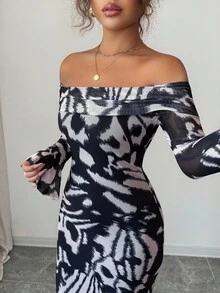 SHEIN Raffinéa Women's Printed Off-Shoulder Bodycon Dress - Multicolor - View 5