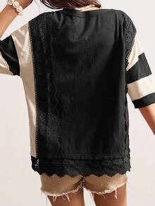 Bohemela Áo thun nữ tay ngắn cổ tròn, dáng rộng, màu trơn, họa tiết ren vá, phong cách Boho Vintage Casual - Đen và trắng - Xem 7