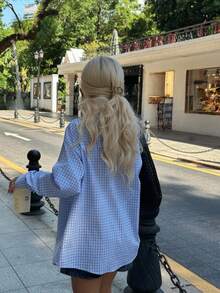 Jouncy 女式宽松长袖蓝白格子衬衫，休闲户外/度假装，夏季/秋季 - 藍色 - 查看 2