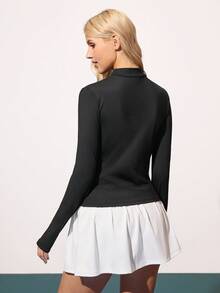 CourtClass CourtClass Chaqueta deportiva casual de yoga y tenis para mujer con ajuste ceñido, parches de malla con cremallera doble, eslogan personalizado, agujero para el pulgar, cordón y cuello alto, adecuada para todas las estaciones - Negro - Ver 2