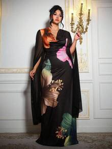 Roveilla Plus Size Floral Plunging Neck Bodycon Elegant Dress, Suitable For Party, Autumn/Winter - Black - View 1