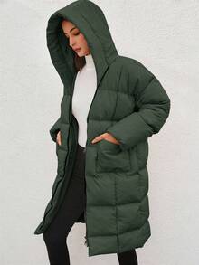 EURMUSE Dual Pocket Drop Shoulder Zipper Hooded Puffer Coat - Army Green - View 3