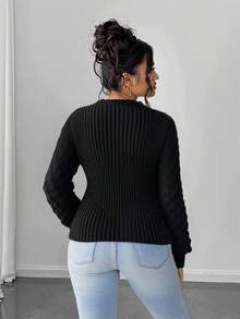 Elenzga 大码纯色圆领长袖镂空休闲毛衣套头衫，适合冬季 - 黑色 - 查看 5