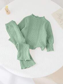SHEIN Babygirl Green Ruffle Trim Long Sleeve Top And Elastic Waist Flare Pants Set, Autumn/Winter Mint Green Baby Girl Set Baby Girl Mint Green Outfit Toddler Girl Green Outfit Set Baby Girl Green Outfit Set Woven Green Outfit Set Baby Fall - Green - View 7