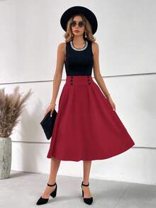 EURMUSE Váy công sở đơn sắc, thường ngày, đa năng dành cho nữ - Màu Đỏ Sâu - Xem 6