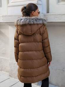 EURMUSE 女士纯色拉链和羽毛细节冬季大衣 - 米色 - 查看 2