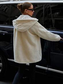 EURMUSE 女士纯色休闲泰迪优质连帽大衣 - 米色 - 查看 2