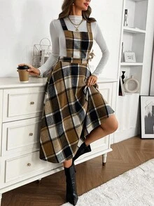 SHEIN LUNE 女式卡其色格子可追溯面料收腰 A 字中长连衣裙，西部休闲度假氛围，优雅感恩节万圣节街头风格，秋冬新款百搭必备时尚单品，交叉后肩带设计，中长款背带裙 - 卡其色 - 查看 6