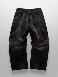 NEON BLANC Men's Rhinestone Embellished Pocket Wide Leg Loose Casual Jeans, Grunge