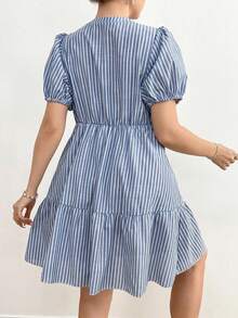 Flirla Plus Size Striped Mini V-Neck Drawstring Patchwork Short Sleeve Shift Dress - Blue - View 2