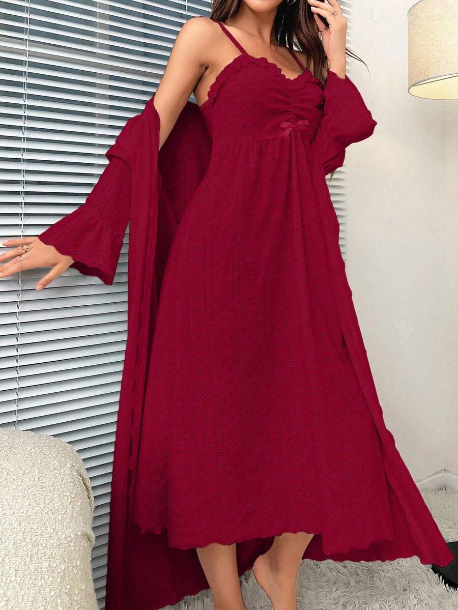 SHEIN Women's Fashion Solid Color Spaghetti Strap Slip Dress & Robe Pajama Set , Fall Winter Clothes - Burgundy - View 1