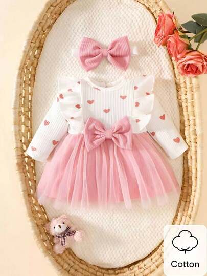 SHEIN Newborn Baby Girl White Heart Print Pattern Pleated Long Sleeved Patchwork Pink Mesh Bow Dress And Headband Autumn And Winter New Elegant Retro Cute Fabric Comfortable Fall