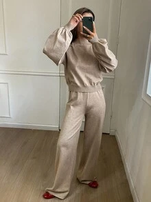 DAZY Women's Casual Solid Color Mandarin Collar Lantern Sleeve Sweater & Pants 2 Pieces Set, Autumn - Khaki - View 3