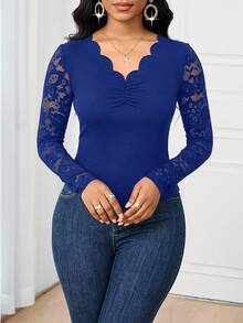 SHEIN Lady 2025新款优雅通勤皇家蓝纯色蕾丝拼接修身长袖T恤皇家蓝上衣外出上衣女士长袖T恤 - 寶藍色 - 查看 7