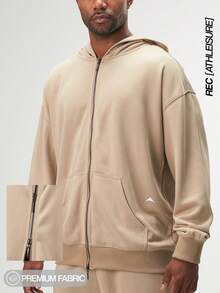 Arc Streetrush Men Street-Style Popular Ins Matching Double Pocket Double Zipper Sweatshirt, Casual Wear, Boyfriend/Husband Gift, Anniversary Gift, Men Double Way Zip Up Hoodies, Fall, Long Sleeve Top - Khaki - View 1