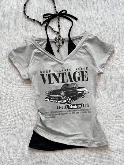 Attitoon 复古汽车图案 V 领挂脖系带撞色短袖 T 恤，适合夏季女士穿着