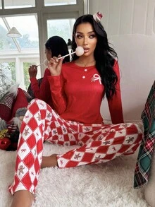 ZzzCrew 圣诞蝴蝶结格子姜饼女士圆领长袖上衣和裤子休闲睡衣套装，秋冬服装 - 紅色 - 查看 1