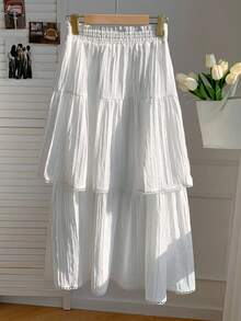 Comfortcana Falda evasé para mujer con cintura elástica y dobladillo con volantes, de tela tejida blanca - Blanco - Ver 2