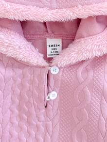 SHEIN Conjunto de mono con capucha de manga larga y pantalones de punto jacquard rosa otoñal para bebé niña, adecuado para el hogar, salidas y reuniones