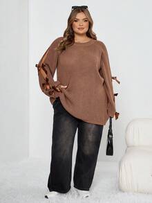 SHEIN CURVE+ Plus Size Loose Knit Sweater With Hollow Bow Knot Decor, Plus Size Cute Fall Pullover In Beige, For Winter Thanksgiving - Brown - View 9