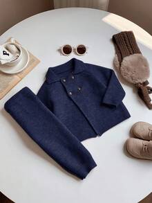 SHEIN 2pcs Baby Boy/Girl Solid Color Collared Long Sleeve Sweater And Pants Set, Suitable For Autumn/Winter Autumn And Winter Two Piece Suit Dark Blue Baby Boy Outfit Baby Boy Knitted Set Knit Two Piece Toddler Fall